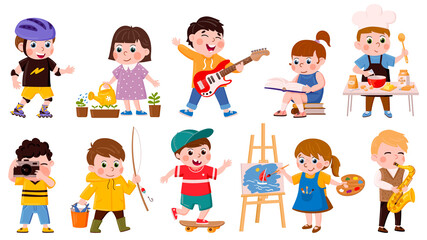 Children hobby. Cartoon school or preschool kids cook, read, draw and play music, creative childrens hobbies vector illustration set. Active kids hobbies - obrazy, fototapety, plakaty