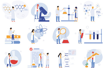 Scientist characters. Chemical researchers, biologists or laboratory workers, science medical workers vector illustration set. Research scientist characters