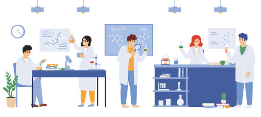 Scientific laboratory. Science research laboratory workers, male and female researchers wearing white coats vector illustration. Laboratory science team