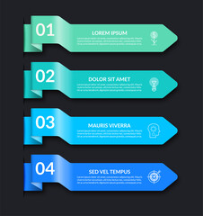 Infographic banner with 4 arrows on dark background. Can be used for web design, diagram, step options, chart, graph, business presentation.