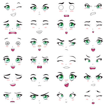 Anime female characters facial kawaii expressions. Manga woman mouth, eyes and eyebrows vector illustration set. Cartoon anime girls emotions