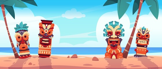 Tiki totem on beach. Hawaiian and African tropical landscape with ritual statues on ocean shore. Scenic seascape. Palms and tribal idols. Summer vacation. Vector exotic island background