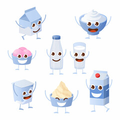 Kawaii milk. Funny cartoon dairy products with cute faces. Cream and cheese mascots. Happy food characters smile and wave hands. Yogurt bottles and packages. Vector breakfast meal set