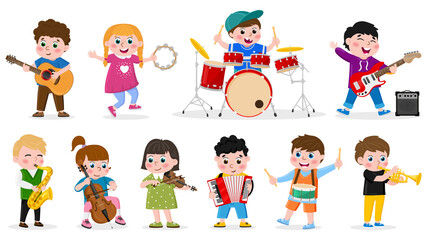 Kids playing musical instruments. Child music band, girls and boys play drum, guitar and violin vector illustration set. Children musical orchestra - obrazy, fototapety, plakaty