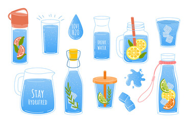 Clean water. Doodle glass and bottle with aqua or lemonade. Recycled plastic containers. Drops and splashes. Soft or carbonated drinks set. Vector beverages with ice and citrus slices