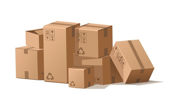 Cardboard boxes stack. Cartoon pile of delivery package for storage and shipping. Cargo in warehouse. Isolated square containers with recycling signs. Vector post mail illustration
