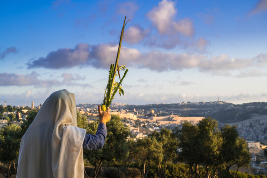 Succot (Feast of Tabernacles) in Jerusalem: Jewish man in a Tallit praying while waving the Four Species, with a view towards the Temple Mount, the Old City and the Mount of Olives
