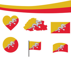 Bhutan Flag Map Ribbon And Heart Icons Vector Illustration Abstract National Emblem Design Elements collection
