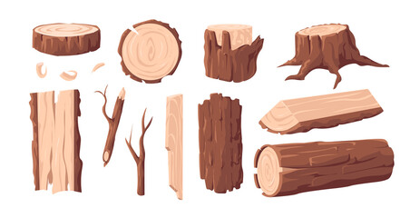 Wood materials. Cartoon lumber log and tree trunk. Wooden plank and stump with bark and branches. Forest construction board. Isolated sawmill elements set. Vector carpentry products stack - obrazy, fototapety, plakaty