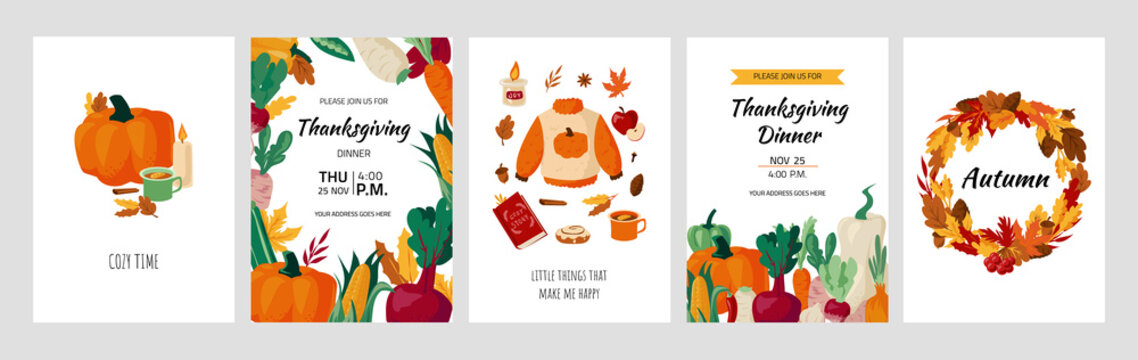Autumn posters. Cartoon fall background with vegetables and yellow foliage. Leaves border design. Rustic collage. Thanksgiving holiday invitation cards template. Vector banners set
