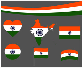 India Flag Map Ribbon And Heart Icons Vector Illustration Abstract National Emblem Design Elements collection