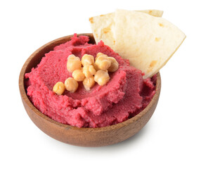 Bowl with tasty beet hummus on white background