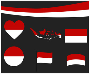 Indonesia Flag Map Ribbon And Heart Icons Vector Illustration Abstract National Emblem Design Elements collection