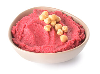 Bowl with tasty beet hummus on white background