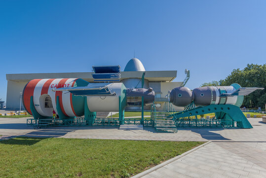 KALUGA, RUSSIA - JULY 07, 2021: Models of the Salyut and Soyuz space stations in the park of the State Museum of Cosmonautics