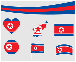 Naklejka premium North Korea Flag Map Ribbon And Heart Icons Vector Illustration Abstract National Emblem Design Elements collection