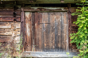 Large ancient barn double gate on an old rusty wrought iron bolt. Traditional Eastern European wood architecture. Brown vintage textured boards in the wall of a log house. Green tree on the right.