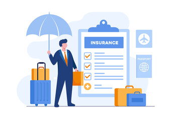 Travel insurance concept. Man with bag and umbrella representing protection flat vector illustration banner and landing page