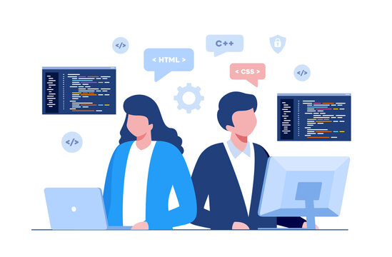 Web development. programming languages. css, html, it, ui. programmer cartoon character developing website, coding. flat illustration banner