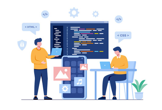 Web development. programming languages. css, html, it, ui. programmer cartoon character developing website, coding. flat illustration banner