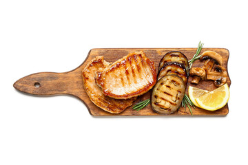 Board with tasty grilled eggplant, mushrooms and steaks on white background