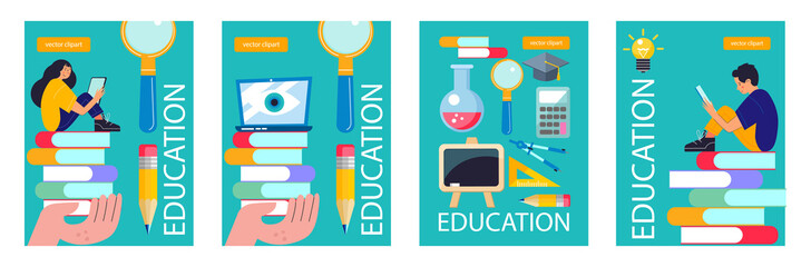 Fototapeta na wymiar Education, school. Vector poster, banner template. A set of cliparts for design about education.