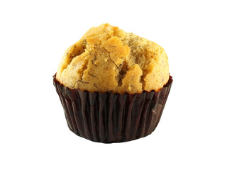 cupcake, fluffy banana cake in dark brown paper cup isolated on white