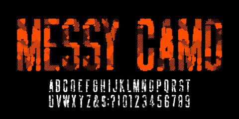 Messy camo alphabet font. Letters and numbers in one color. Vector typeface for your design.
