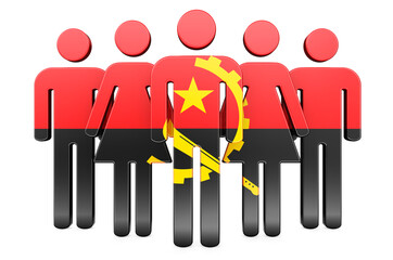 Stick figures with Angolan flag. Social community and citizens of Angola, 3D rendering