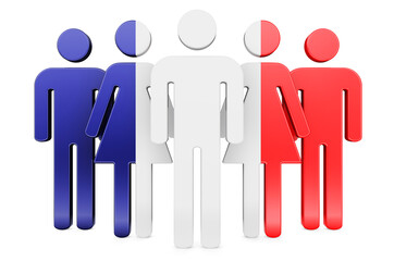 Stick figures with French flag. Social community and citizens of France, 3D rendering