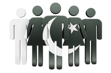 Stick figures with Pakistani flag. Social community and citizens of Pakistan, 3D rendering