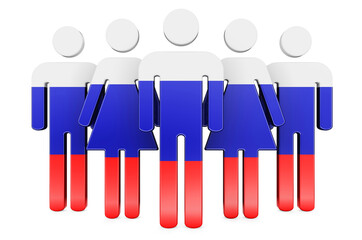 Stick figures with Russian flag. Social community and citizens of Russia, 3D rendering