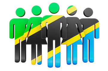Obraz premium Stick figures with Tanzanian flag. Social community and citizens of Tanzania, 3D rendering