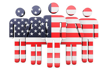 Stick figures with The United States flag. Social community and citizens of the USA, 3D rendering