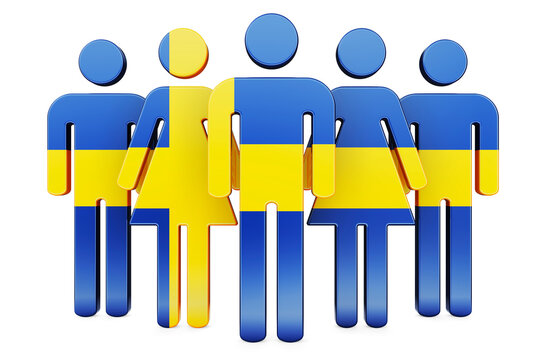 Stick figures with Swedish flag. Social community and citizens of Sweden, 3D rendering