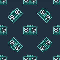 Line DJ remote for playing and mixing music icon isolated seamless pattern on black background. DJ mixer complete with vinyl player and remote control. Vector