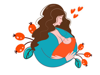 Illustration of World Breastfeeding Week. Happy mother's day. Mother and child. A woman is breastfeeding a newborn. Love, protection and motherhood concept. Vector flat design with wild berries.
