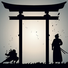 Japanese samurai fighting with ninja silhouette cartoon vector illustration