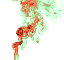 Red and green smoke on a white background.