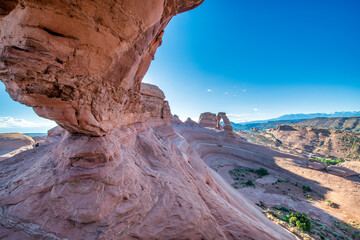 Delicate Arch in Arches National Park, long distance view in summer season