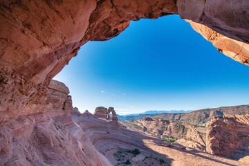 Delicate Arch in Arches National Park, long distance view in summer season