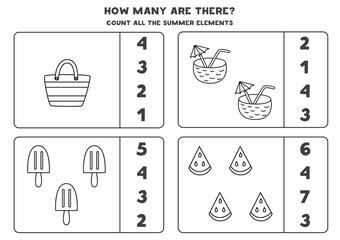Counting game with black and white summer elements. Math worksheet.