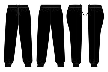 Black Tracksuit Pants Template on White Background. Front, Back and Side Views, Vector File.