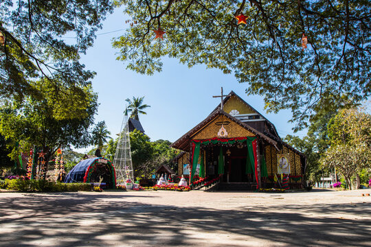 KUT CHUM, YASOTHON - JAN03, 2021: Ban Song Yae church is the largest wooden church in Yasothon province, Thailand
