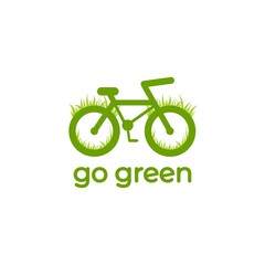 Green bicycle with grass icon. Flat bike logo isolated on white. Vector illustration.