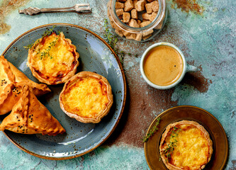 Mini quiches on a blue plate with cup of coffee espresso. Flaky dough pies. Samosa, samsa meat stuffed pies. Fresh basil leaves and mini quiches on a blue background.