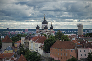 Orthodox Cathedral of Alexander Nevsky in the landscape of old Tallinn on a cloudy July day. Estonia