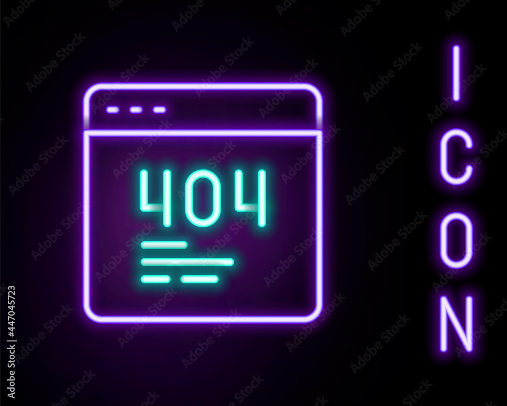 Canvas Prints Glowing neon line Page with a 404 error icon isolated on black background. Template reports that the page is not found. Colorful outline concept. Vector