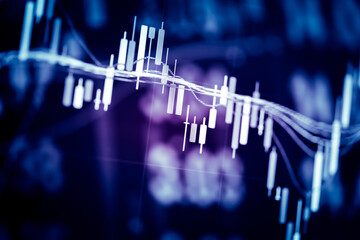 Abstract financial trading graphs and digital number of foreign exchange market trading on monitor. Background of gold and blue digital chart to represent stock market trend.