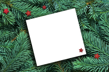 Fototapeta na wymiar Background of many green Christmas tree branches and paper for text.